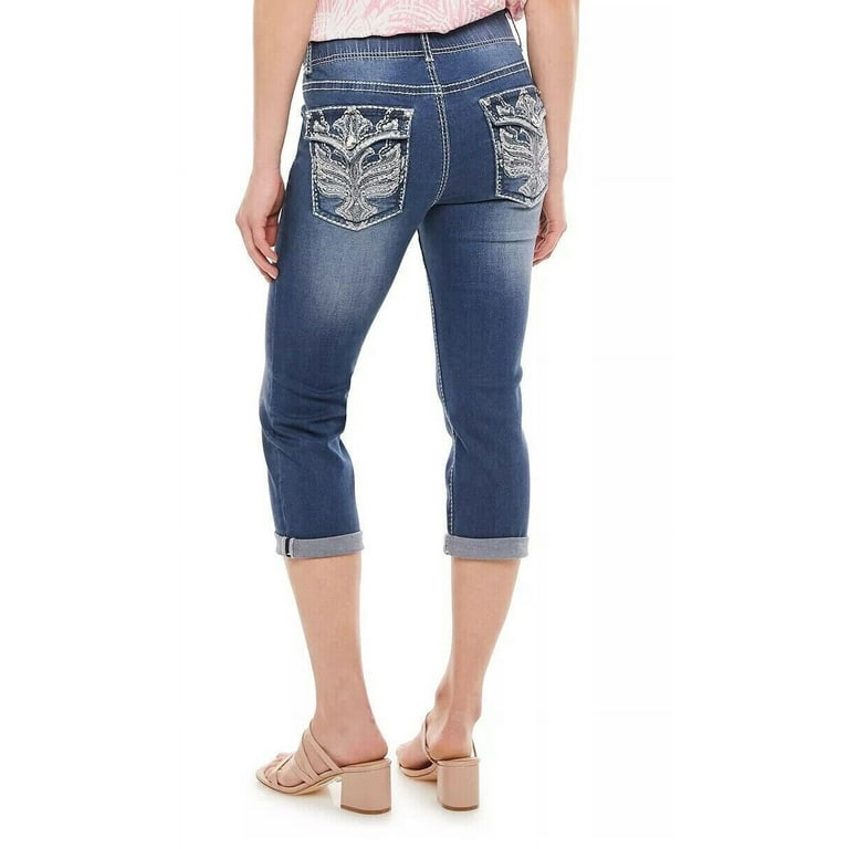 AAT.9 Womens Rhinestone Tummy-Control Mid Rise Capris Cropped Blue Denim  Jeans 