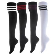 AATMart Womens 4 Pairs Attractive Lightweight Moisture Wicking & Extra Soft Knee High Cotton Boot Socks Size 6-9 RX02 White, Red, Purple, Black Strip