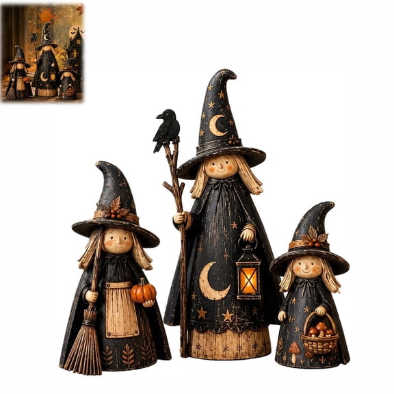 AAYMIA 3 Pcs Wooden Witch Decor Set, Rustic Halloween Witch Shelf Sitter Figurines, Primitive Farmhouse Fall Accent