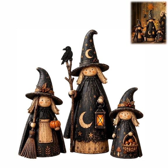 AAYMIA 3 Pcs Wooden Witch Decor Set, Rustic Halloween Witch Shelf Sitter Figurines, Retro Halloween Housewarming Present