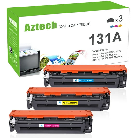 AAZTECH 3-Pack Compatible Toner Cartridge with Chip for HP CF211A CF212A CF213A 131A Work with LaserJet Pro 200 color M251n M251nw MFP M276n M276nw Printer (Cyan,Magenta,Yellow)