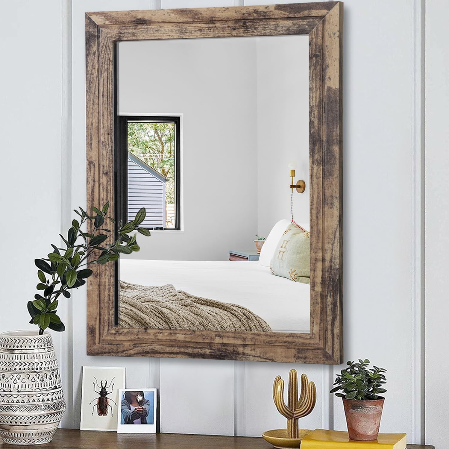 AAZZKANG Wood Framed Mirror Rectangle Rustic Wall Mirror Vintage Decor for Bedroom Living Room ...