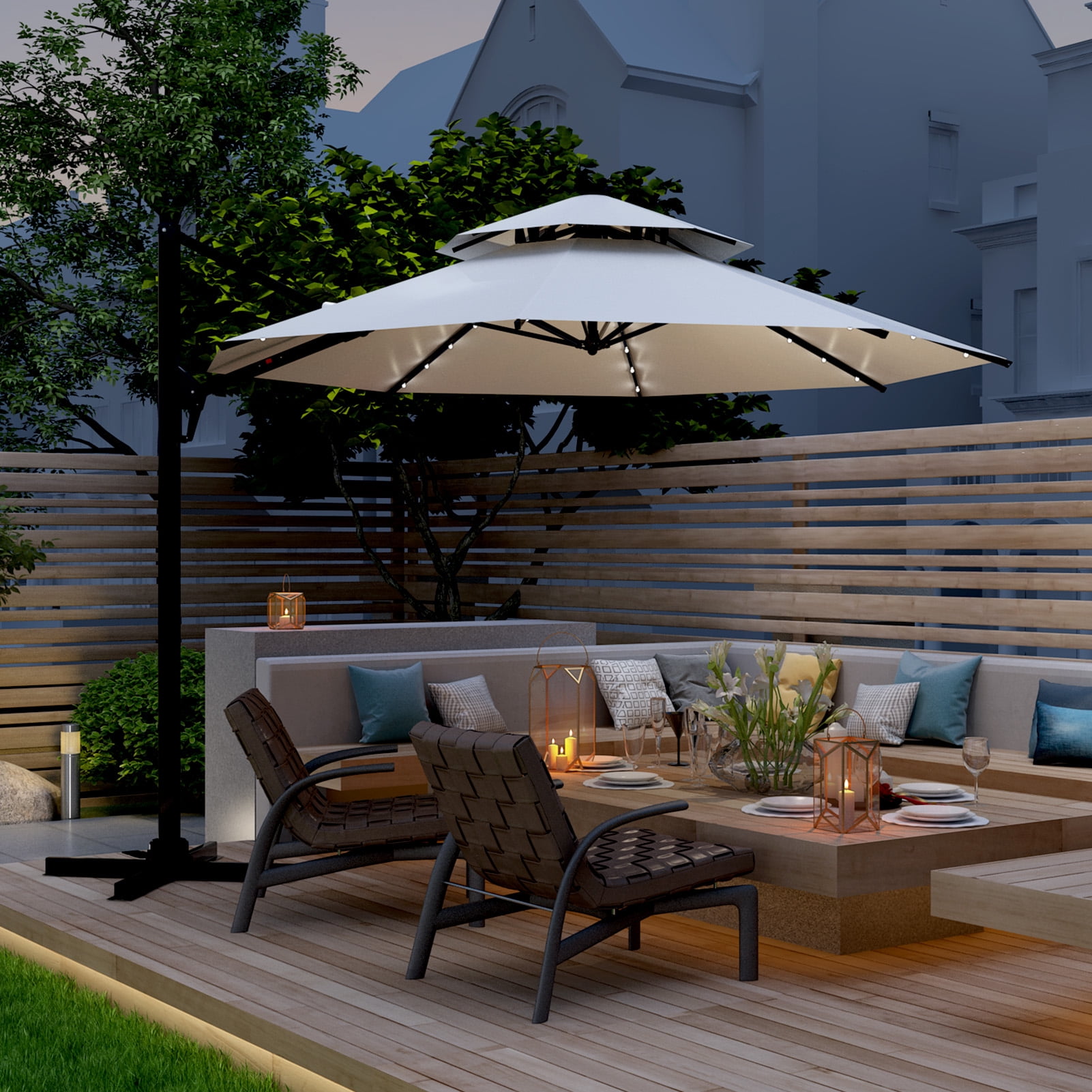 10ft outdoor patio sun shade umbrella cantilever 10 FT Solar LED Umbrellas with 40 LED Lights, Offset Hanging Market Patio Umbrella Sunshade with Push Button Tilt and Crank for Deck, Backyard, Terrace, Party a premium offset patio umbrella engineered for superior shade coverage WestinTrends 10 ft Outdoor Patio