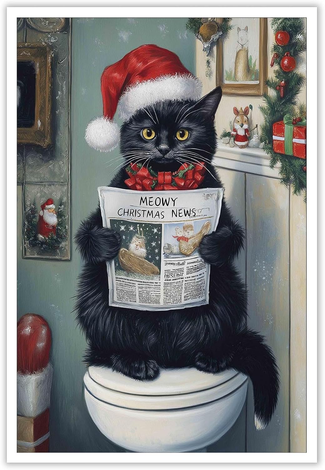 AAzaqTin-Christmas Bathroom Canvas Wall Art Black Cat Reading Newspaper ...