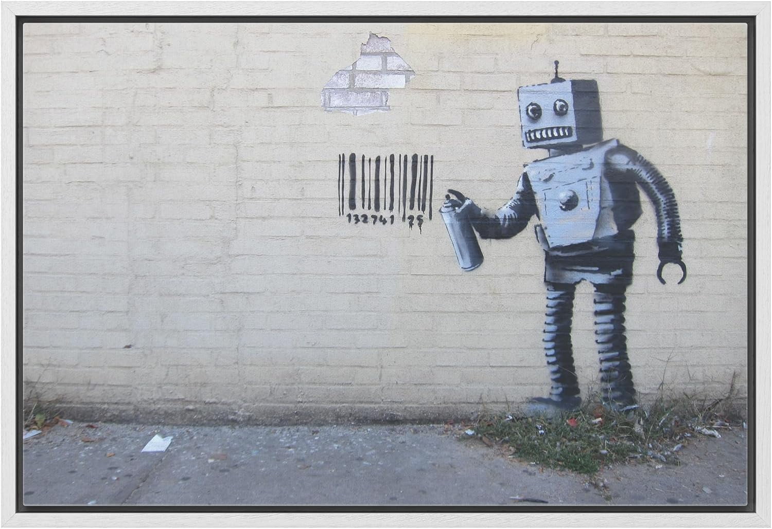 AAzaqTin Framed Canvas Print Wall Art Banksy Robot Spray Painting Barcode Graffiti Street Art