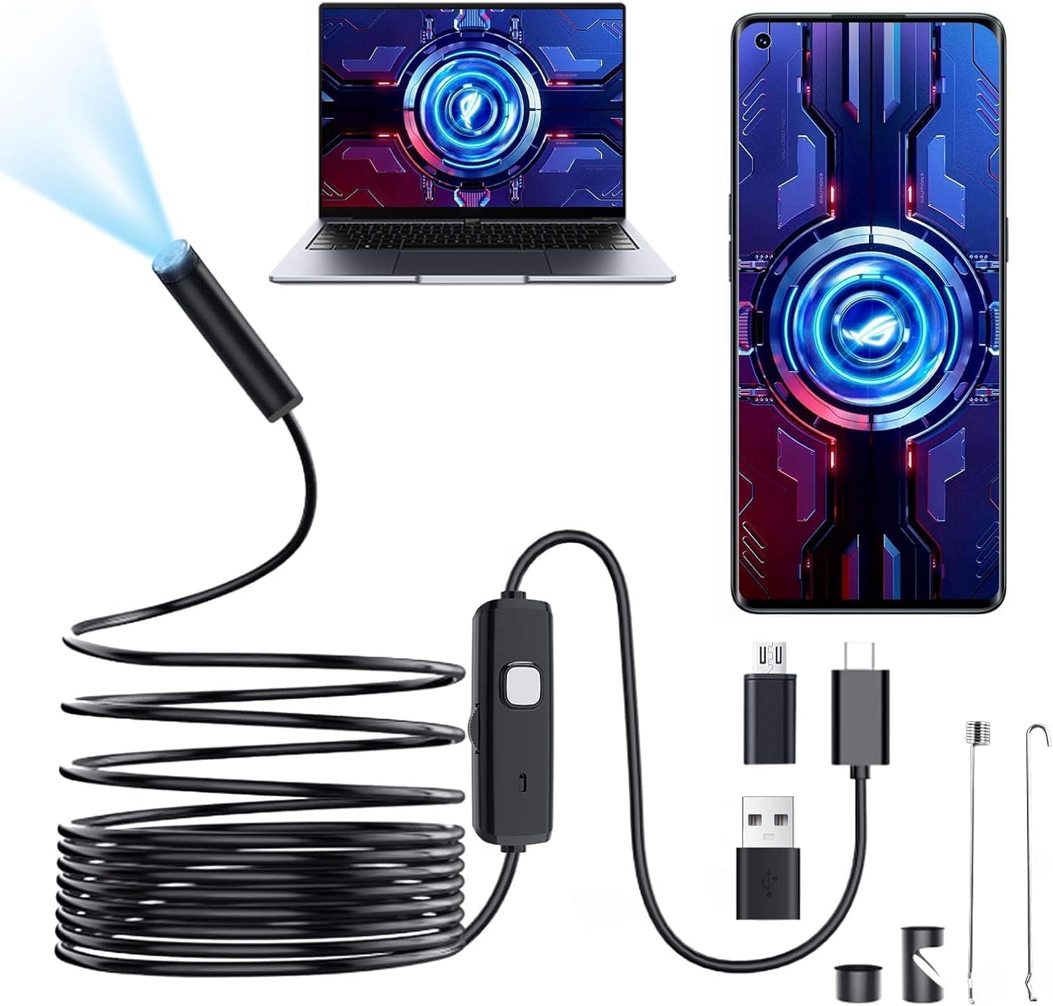 Android Endoscope for Phone, 8mm Diameter, 10m Rigid Cable, Box Packaged, with 4‑Language Manual & Old‑Style Android Connector