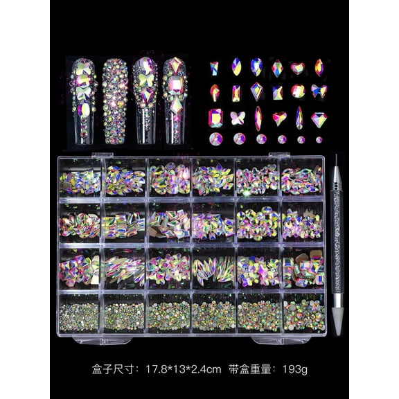 AB-Colored Nail Rhinestones for Nail, 5380Pcs AB Flatback Glass Nail Charms Gems Stones, 19 Types of Shaped Nail Art Rhinestones Kit with Tweezers, 6 Sizes for Decoration