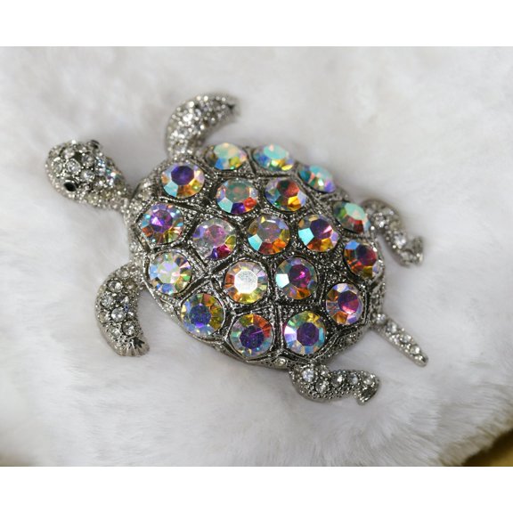 AB Silver-tone & Rhinestone Sea Turtle Brooch, Turtle Crystal Pin, Animal Fancy Jewelry