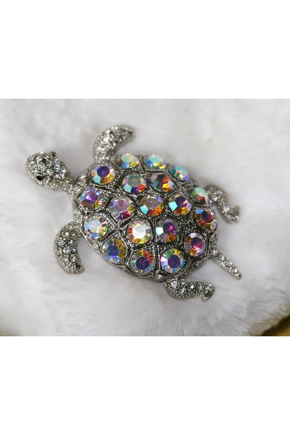 AB Silver-tone & Rhinestone Sea Turtle Brooch, Turtle Crystal Pin, Animal Fancy Jewelry