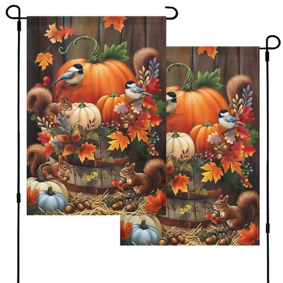 ABAEE Autumn Harvest Garden Flag, Wooden Barrel Pumpkins Red Squirrel Chickadee Bird Maple Leaf Acorn Print, Faux Burlap Double Sided Fall Thanksgiving Yard Flag, Rustic Seasonal Decor 28x40 Inch