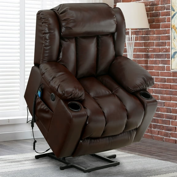 ABAKAN Large Power Lift Recliner Chair with Massage and Heat for Elderly, Overstuffed Wide Recliners, Breathable Leather with Breathable Microporous, USB Ports, 2 Cup Holders (Brown)