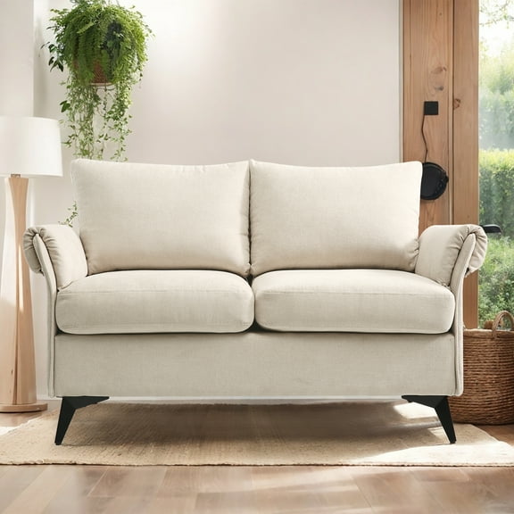 ABAKAN Modern Small Loveseat Sofa,Linen Fabric 2-Seat Sofa Couch with Solid Wood Frame,Square Armrest &Tapered Metal Legs,Removable Upholstered Sofa for Small Space (Beige)