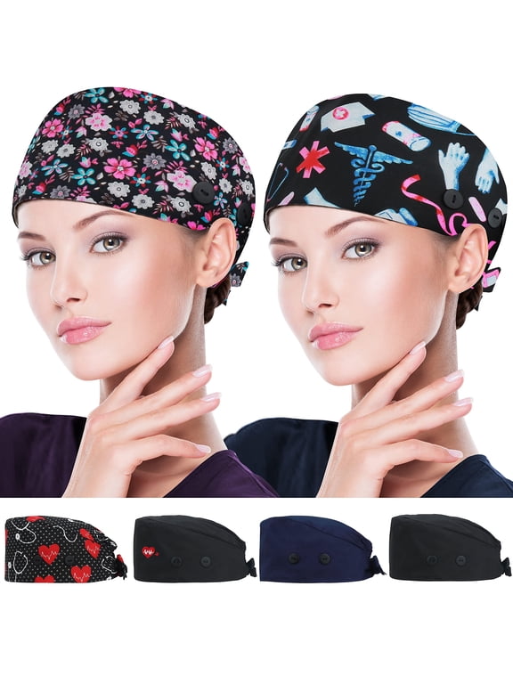 2 Packs Working Caps with Button and Sweatband, Adjustable Working Hats for Women Men, One Size Tie Back