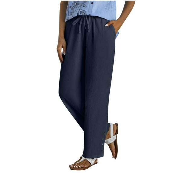 ABATAB Summer Women Pants with Pockets Comfy Button Drawstring Palazzo Pants Casual Cotton Linen Lightweight Beach Trousers