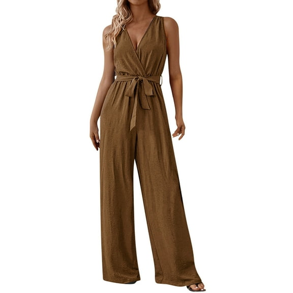 ABATAB Wide Leg Jumpsuits for Women Casual V-Neck Sleeveless Rompers Wide Leg Long Pants Rompers Summer Outfits