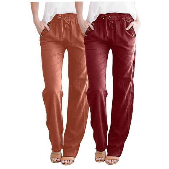 ABATAB 2PCs Pants for Women Cotton Linen Casual Summer Button Pants Loose Fit Drawstring Trousers with Pockets