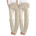 thumbnail image 1 of ABATAB 2PCs Pants for Women Cotton Linen Casual Summer Button Pants Loose Fit Drawstring Trousers with Pockets, 1 of 6