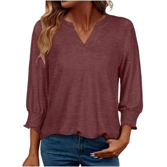 ABATAB 3/4 Length Sleeve Shirts for Women V Neck Basics Tees Casual Lightweight Loose Fit Soft Fall Tops Outfits Clothes