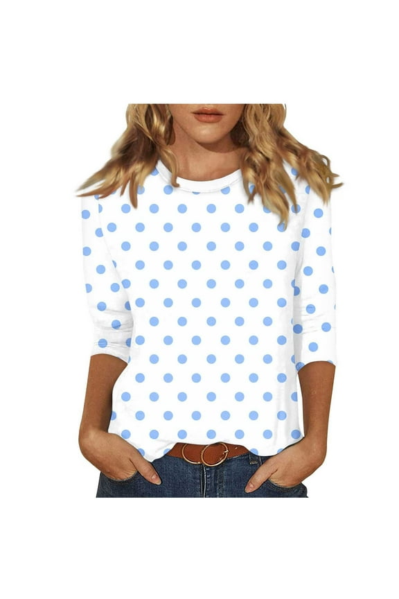 3/4 Sleeve Shirts for Women Fashion Plus Size Polka Dot Crew Neck Business Casual Tops Loose Fit Vacation Work Blouses(Medium,Light Blue)