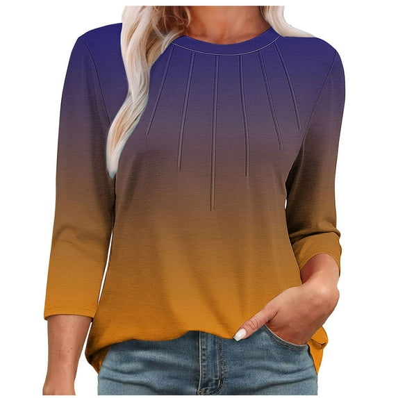 ABATAB 3/4 Sleeve Shirts for Women Summer Fall Dressy Tees Front Pleated Gradient Color Crew Neck Tshirts Casual Work Tunic Tops(X-Large,Orange)