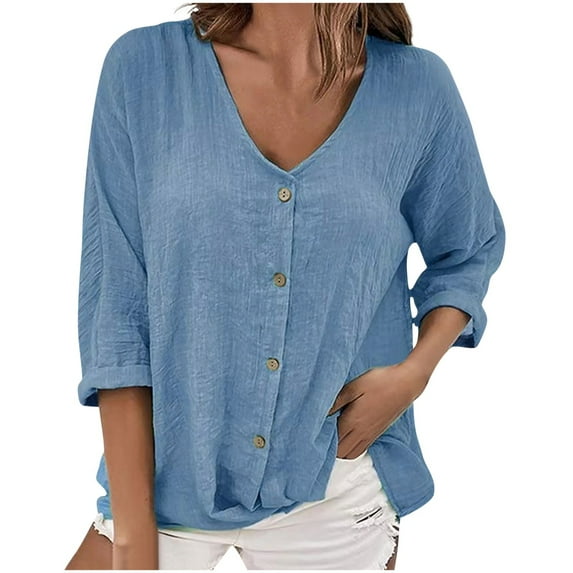 ABATAB 3/4 Sleeve Tops for Women Cotton Linen Summer V Neck Plain T Shirts Casual Cute Button down Loose Dressy Tunic Blouses