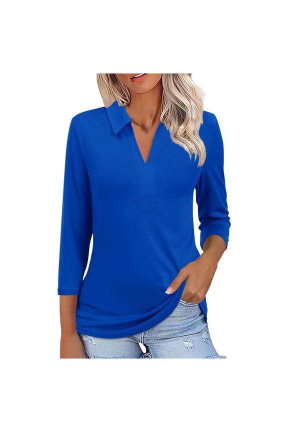 Women's 3/4 Sleeve Collared Shirts Casual Business Dressy Work Tee Blouses Lapel V-Neck Solid Color Tunic Tops Ladies Outfits(Large,Blue)