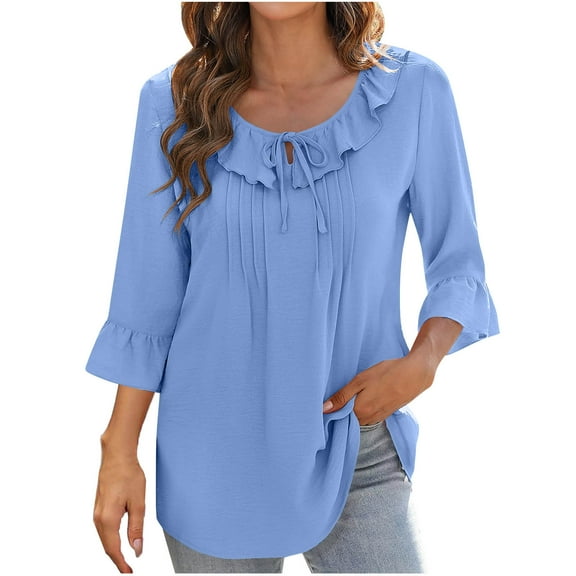 ABATAB 3/4 Sleeve Tunic Tops Women Fashion Tie Front Ruffle Tiered T-Shirts Lightweight Boho Babydoll Dressy Blouses Vacation Clothes(Medium,Light Blue)