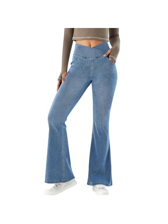 Bell Bottom Jeans for Women High Waisted Flare Jeans Pull on Crossover Wide Leg Trendy Denim Pants with Pockets
