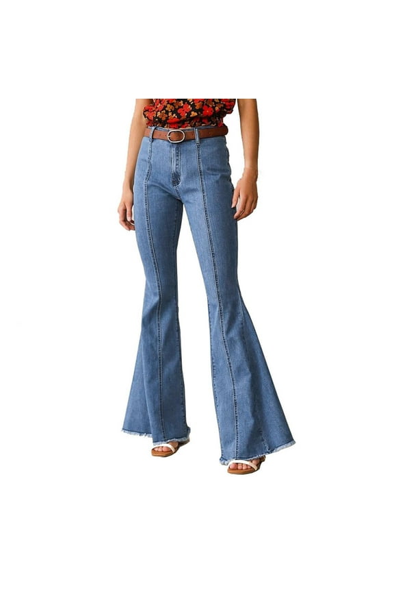 Bell Bottom Jeans for Women Mid Waisted Stretchy Pull on Jeans Wide Leg Skinny Hem Fashion Denim Flare Pants