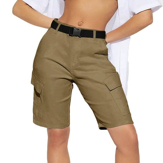 ABATAB Bermuda Cargo Shorts for Women Lightweight Hiking Shorts Solid Casual Belt Summer Trendy Shorts with Pockets