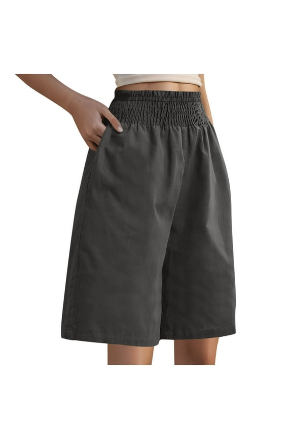 Bermuda Shorts for Women Cotton Linen Baggy Shorts Wide Leg Casual Summer Lightweight Shorts with Pockets