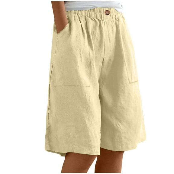 ABATAB Bermuda Shorts for Women Cotton Linen Baggy Shorts Wide Leg Casual Summer Lightweight Shorts with Pockets