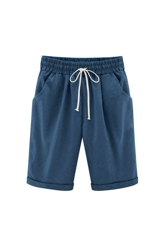 Bermuda Shorts for Women Elastic Waist Casual Shorts Drawstring Knee Length Wide Leg Shorts with Pockets