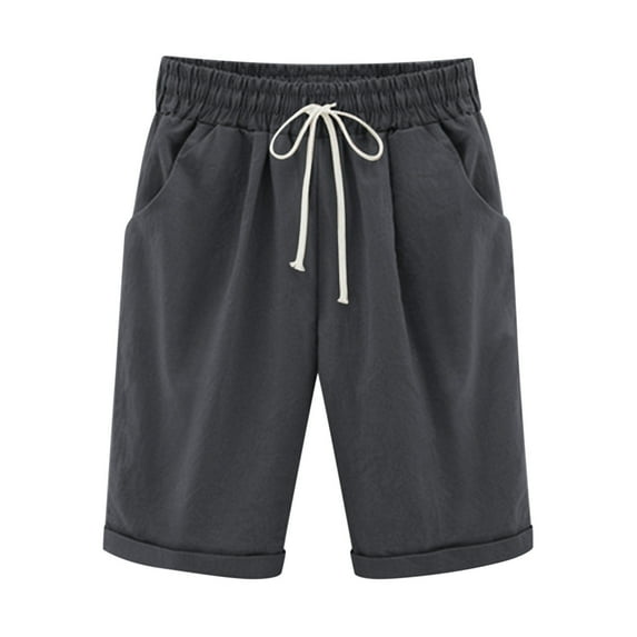 ABATAB Bermuda Shorts for Women Elastic Waist Casual Shorts Drawstring Knee Length Wide Leg Shorts with Pockets