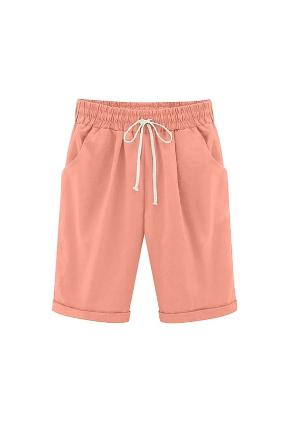 Bermuda Shorts for Women Elastic Waist Casual Shorts Wide Leg Drawstring Knee Length Shorts with Pockets