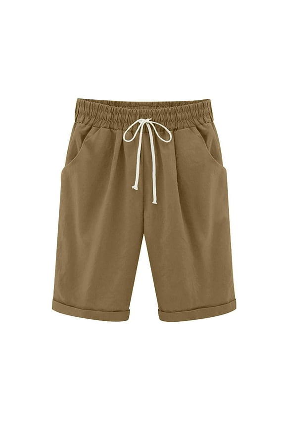 Bermuda Shorts for Women Elastic Waist Casual Shorts Wide Leg Drawstring Knee Length Shorts with Pockets