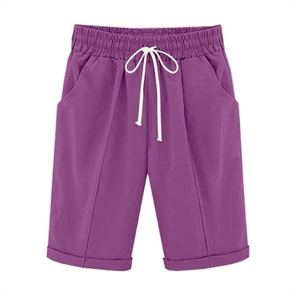 ABATAB Bermuda Shorts for Women Elastic Waist Casual Wide Leg Shorts Cotton Linen Knee Length Shorts with Pockets