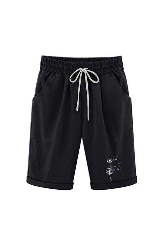 Bermuda Shorts for Women Elastic Waist Casual Wide Leg Shorts Cotton Linen Knee Length Shorts with Pockets