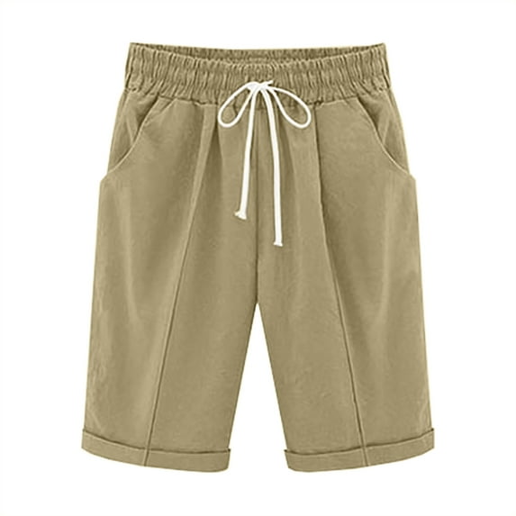 ABATAB Bermuda Shorts for Women Elastic Waist Casual Wide Leg Shorts Cotton Linen Knee Length Shorts with Pockets