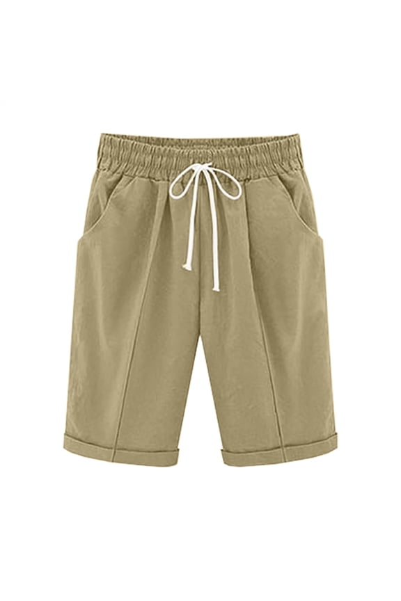 Bermuda Shorts for Women Elastic Waist Casual Wide Leg Shorts Cotton Linen Knee Length Shorts with Pockets