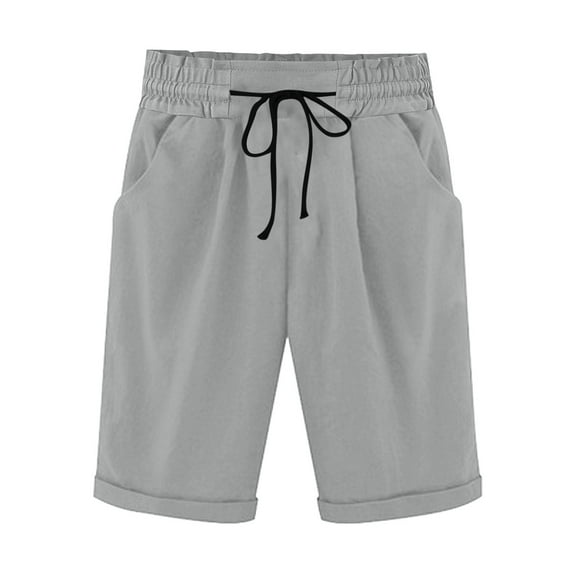 ABATAB Bermuda Shorts for Women Elastic Waisted Knee Length Shorts Roll up Hem Summer Dressy Casual Shorts with Pockets