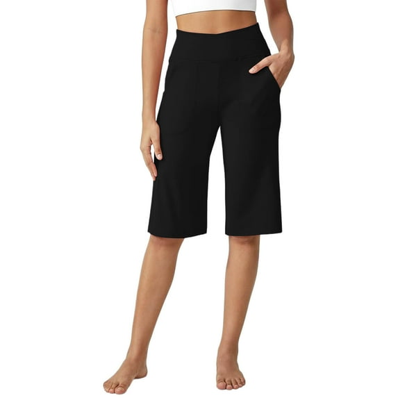 ABATAB Bermuda Shorts for Women Knee Length Workout Gym Shorts with Pockets Wide Leg Loose Lounge Shorts for Walking Athletic