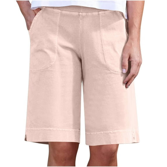 ABATAB Bermuda Shorts for Women Loose Cotton Linen Knee Length Wide Leg Casual Summer Stretchy Shorts with Pockets
