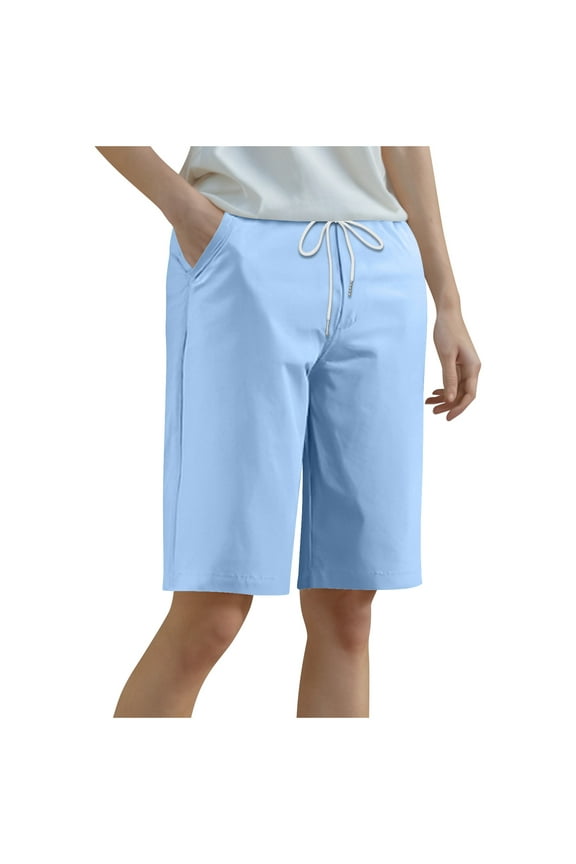 Bermuda Shorts for Women Lounge Wide Leg Casual Shorts Loose Fit Knee Length Drawstring Shorts with Pockets