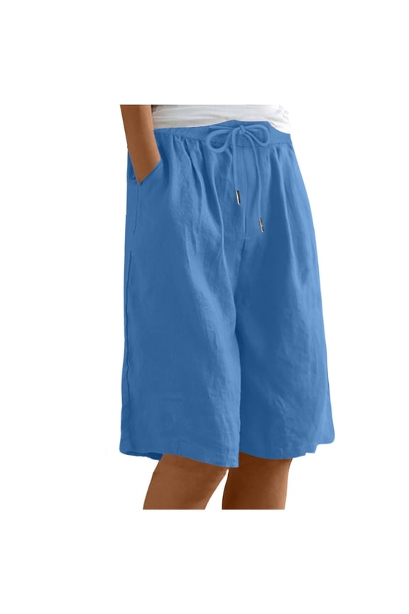 Bermuda Shorts for Women Summer Loose Drawstring Shorts Casual Cotton Linen Wide Leg Pure Color Shorts with Pockets