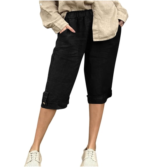 ABATAB Bermuda Shorts for Women Thin Cotton Linen Elastic Waist Shorts Breathable Soft Summer Pockets Shorts for Beach