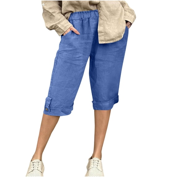 ABATAB Bermuda Shorts for Women Thin Cotton Linen Elastic Waist Shorts Breathable Soft Summer Pockets Shorts for Beach