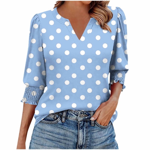 ABATAB Blouses for Women Casual Printed V-Neck 3/4 Length Sleeve Shirts Trendy Smocked Cuffs V-Neck Tops Summer Fall Vacation Outfits(Large,Sky Blue 1)