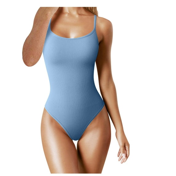 ABATAB Bodysuits for Women Scoop Neck One Piece Shapewear Spaghetti Strap Ribbed Stretchy Outfits