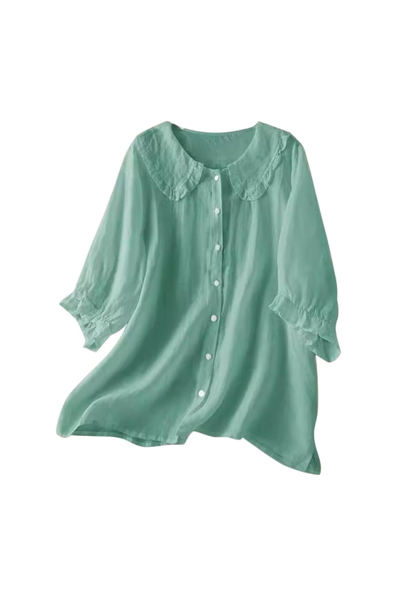 Button Down Shirts for Women 3/4 Sleeve Babydoll Collar Cotton Tops Thin Comfy T-Shirts Loose Clothes for Summer Beach